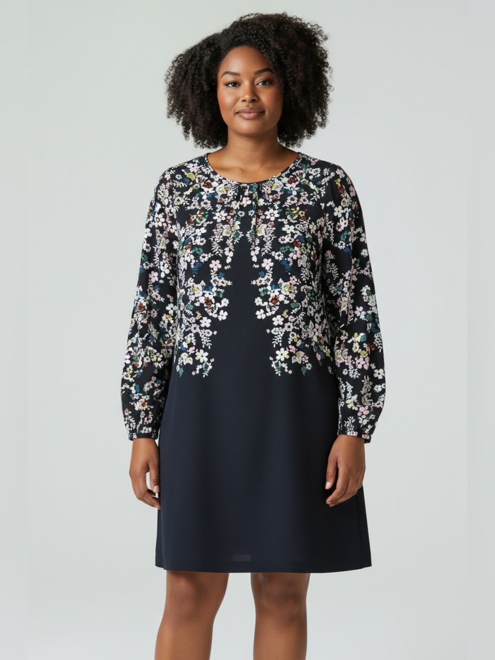 Boden Black Floral Pleat-Front Dress - Pink, White, Green, Yellow, Blue